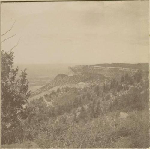 Cliff Palace, road leading to it, view of Col. "Sphinx" front ruins