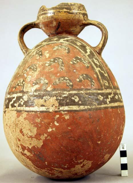 Ceramic, earthenware complete vessel, with handles, polychrome designs; mended