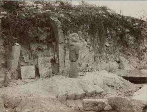 Doorway, statue and sculptured tablets from Mounds 5 & 6