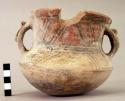 High necked pottery bowl of Rio Negro geometric polychrome; 2 band handles
