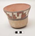 Pot with flaring rim; red and white geometric pattern with black bands above and below