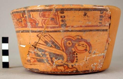 Yojoa polychrome low tripod pottery bowl. Bold animalistic style.