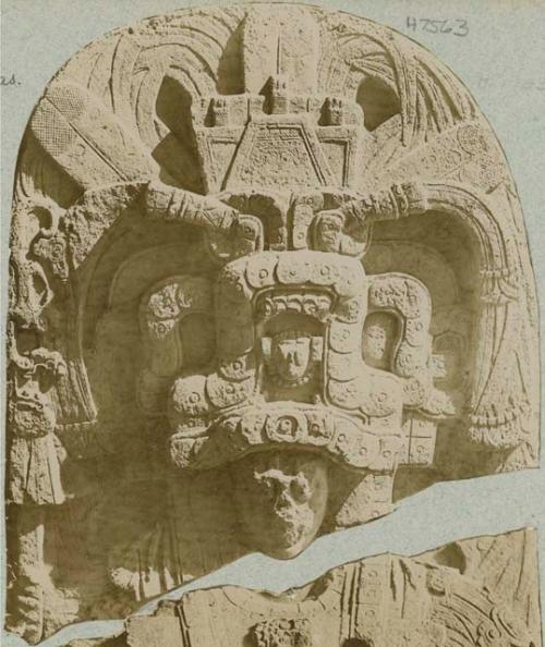 Top portion of Stela VII - Quetzalcoatl head and headdress