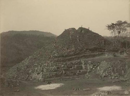 View of Pyramid 16 and Mound I from top of terrace near southwest corner of Mound 21