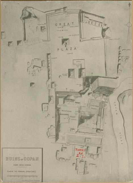 Plan of the Principal Structures of Copan, showing Tombs 1 and 2