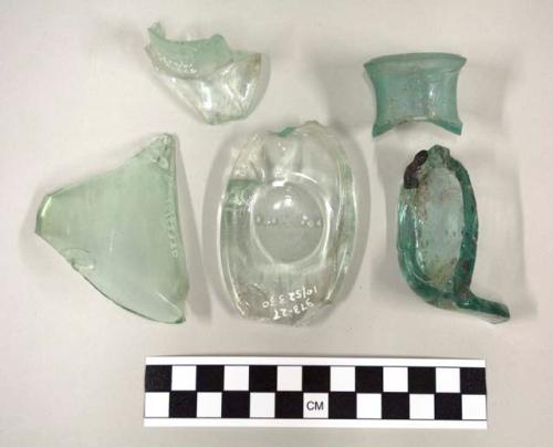 Blue green bottle glass fragments, including bases, necks, rims and body sherds