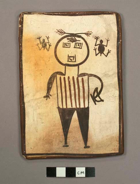 Tile, polacca polychrome style d. kachina & clown design. 15.0 x 10.4 cm.; Katsina name: Daucaubu-ma