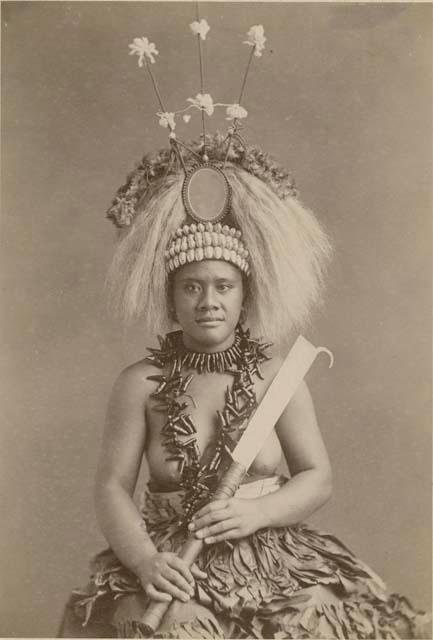 Samoan woman wearing headdress, studio portrait