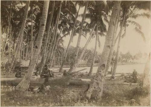 Beach scene - young men sit amongst shored boats