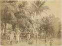 Young Samoans standing on beach beside drying frames