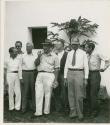 Gus Stromsuik, Francis B. Richardson, Alfred M. Tozzer, A. V. Kidder, Robert Chamberlain, Carnegie accountant, and unidentified person at Carnegie office in Guatemala City or Merida
