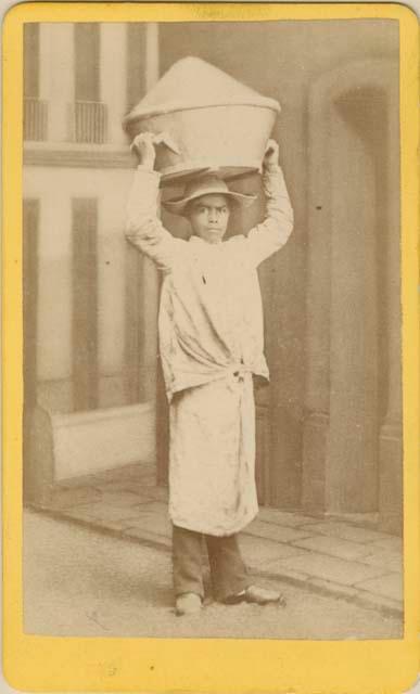 Portrait of man holding bushel on head