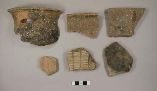 Ceramic sherds, three rim, three body, various decorations