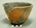 Outcurved bowl; conical, somewhat flattened base, broken side, body & rim repair