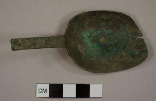 Cupreous, latten spoon, fragment; with wear marks indicating it was used by right-handed individuals