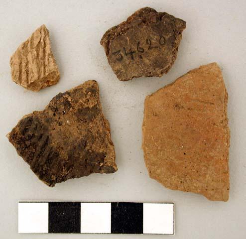 Ceramic, earthenware body sherds, undecorated and cord-impressed, grit-tempered