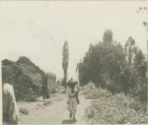 Village scene, man walking toward camera