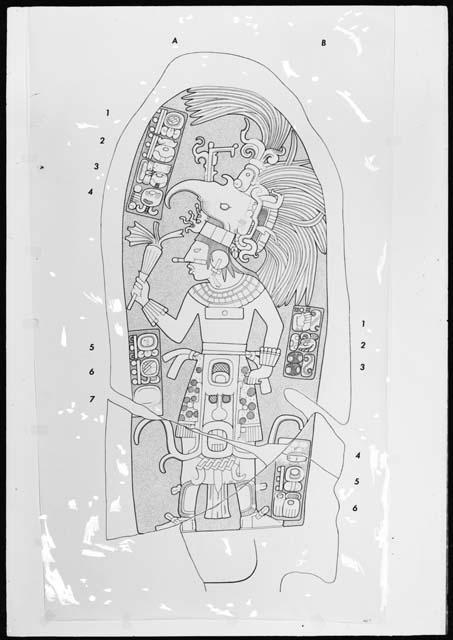 Stela 5 from Machaquila , drawing