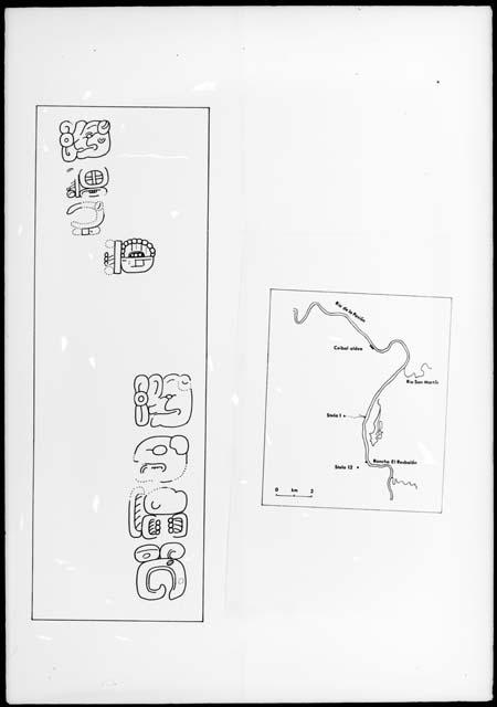 Glyph detail of Stela 7 at Aguateca , and map showing locations of Stelae 1 and 12 at Seibal