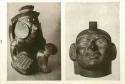 Kneeling warrior and man's head clay vases