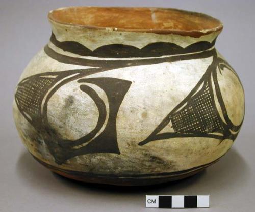 Jar, polacca polychrome style c. zuni rain bird design. 15.0 x 21.5 cm.