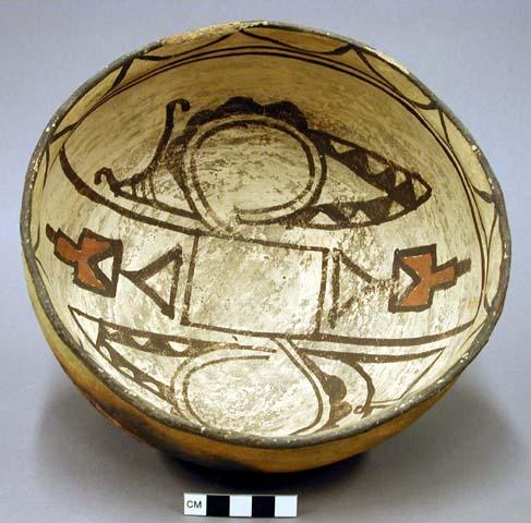 Bowl, polacca polychrome style c. int: zuni rain bird design; ext: slipped, no d