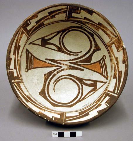 Bowl, polacca polychrome style c. int: zuni rain bird design; ext: linear design