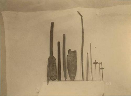 Wooden paddle, spindles, and sundry implements