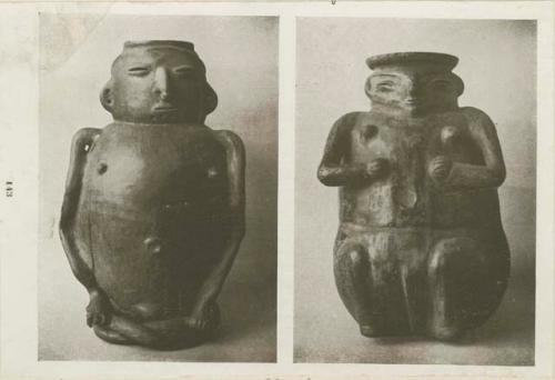 Baked clay pitchers, seated figures