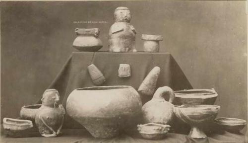 Collection of pottery figures, vases and bowls