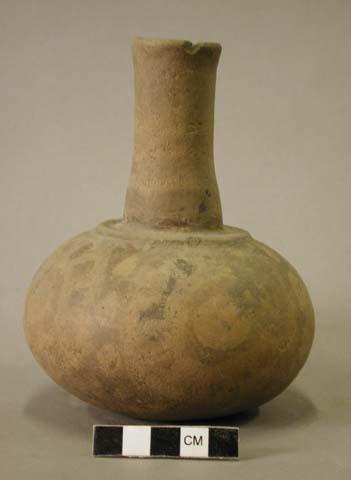 Ceramic complete vessel, long neck, polychrome slip decoration, ridge around sho