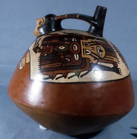 Female human effigy bottle, mantle painted with two "horrible birds" and rosette