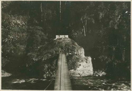 Bridge to a rock with petroglyphs