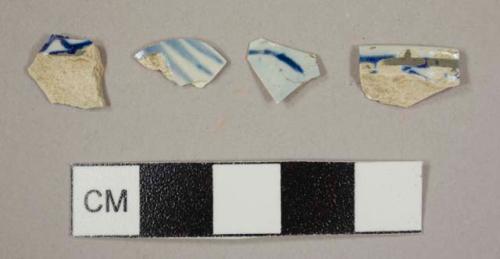 Blue, hand-painted pearlware sherds, including one rim sherd from a cup; from multiple vessels