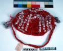 Man's cap - red knotted net openwork, diamond form; imbricated decoration