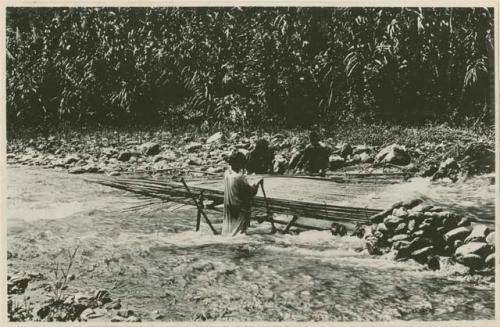 Three men with a fish trap