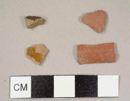 Red earthenware sherds, two lead glazed and two unglazed but with refined paste