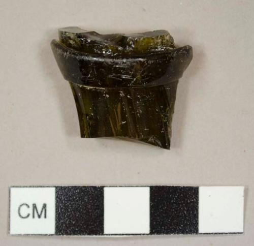 Olive green glass bottle lip and part of neck fragment, possibly mold-made