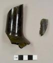 Olive green glass bottle neck and body fragments