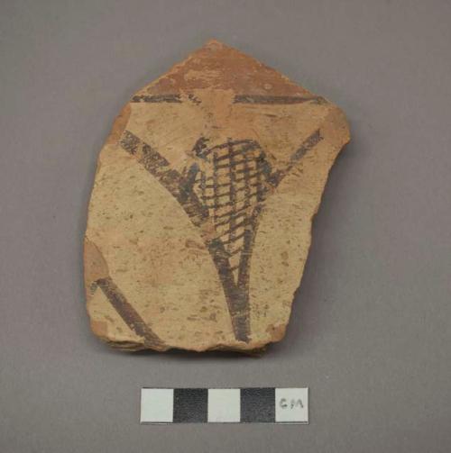 Painted potsherd (Later Ware) 4.09" long - Jhukar painted, pink paste, cream sli