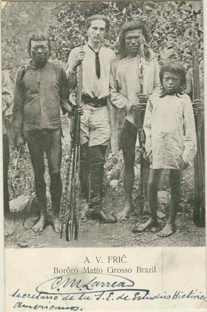 Alberto Vojtech Fric with two Bororo men and a boy