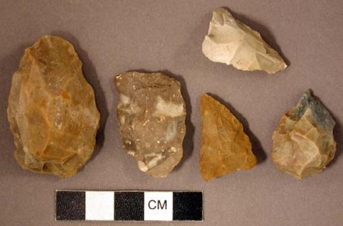 Chipped stone, scraper; chipped stone, projectile points, triangular; chipped stone, bifacially worked, ovate, possible preforms