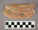 Ceramic rim sherd, curved with painted geometric design on exterior