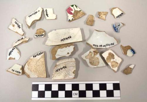 China sherds, including fragments of plates and handle. some "flow blue"(?)