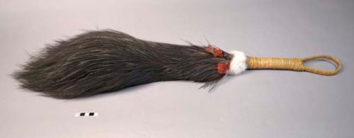 Feather whisk (?) (sue' lare') - black-brown, red & blue feathers; white fur ban