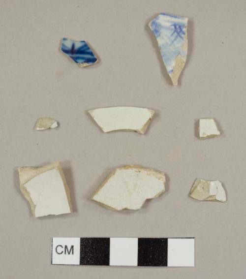 Pearlware sherds, two with hand-painted blue decoration