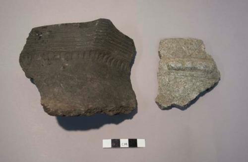 Ground stone steatite vessel rim fragment, incised and ceramic earthenware rim sherd, incised and dentate