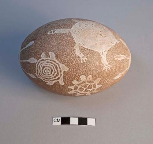 Decorated egg, dimboo, of emu, tanburra