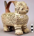 Ceramic bottle animal effigy, cat, single spout and bridge