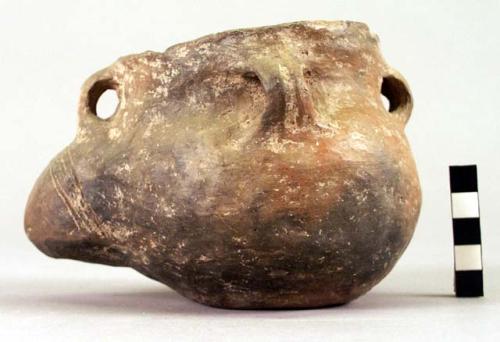 Plain grey pottery jar, incised handles (4), with hollow protrusion